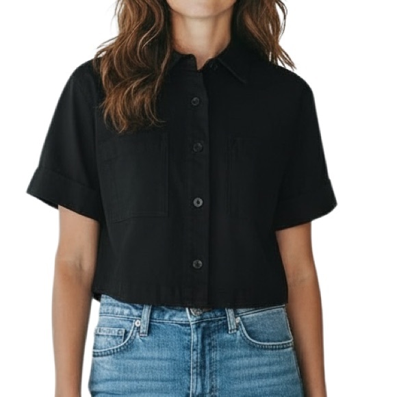 OAK + FORT Tops - Oak + Fort Denim Cropped Short Sleeve Top